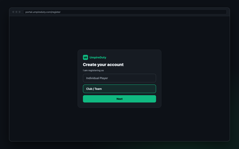 Registering on the web portal with Club / Team selected
