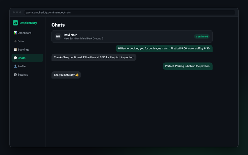 A chat thread with an umpire on the web portal